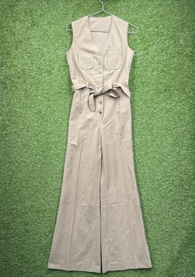 Bell Bottom Jumpsuit Womens 10 Sleeveless Romper Beige Flare True Vintage 1970s