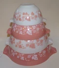 Pyrex Pink, White Gooseberry 4 Bowl Cinderella Nesting Set, #441, 442, 443, 444.