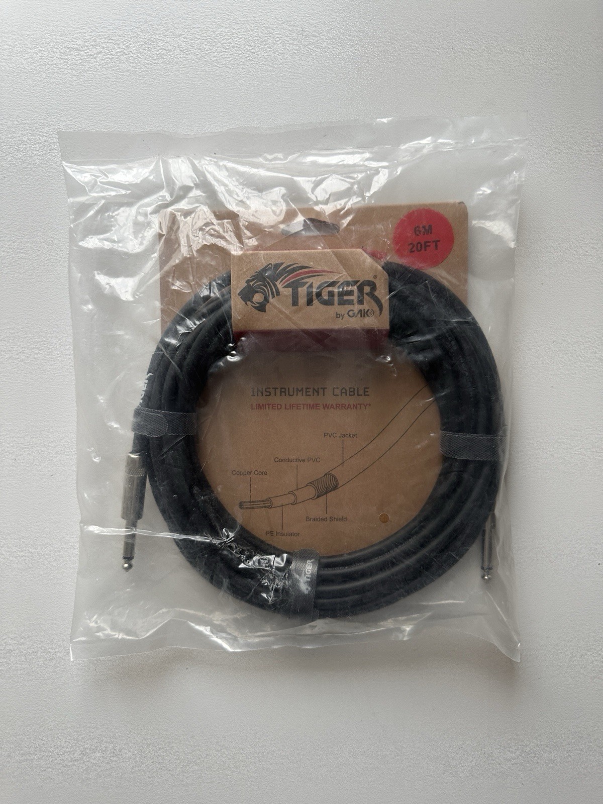 Tiger 6m (20ft) Guitar Instrument Cable Mono Jack to Jack Lead Electric Bass Amp