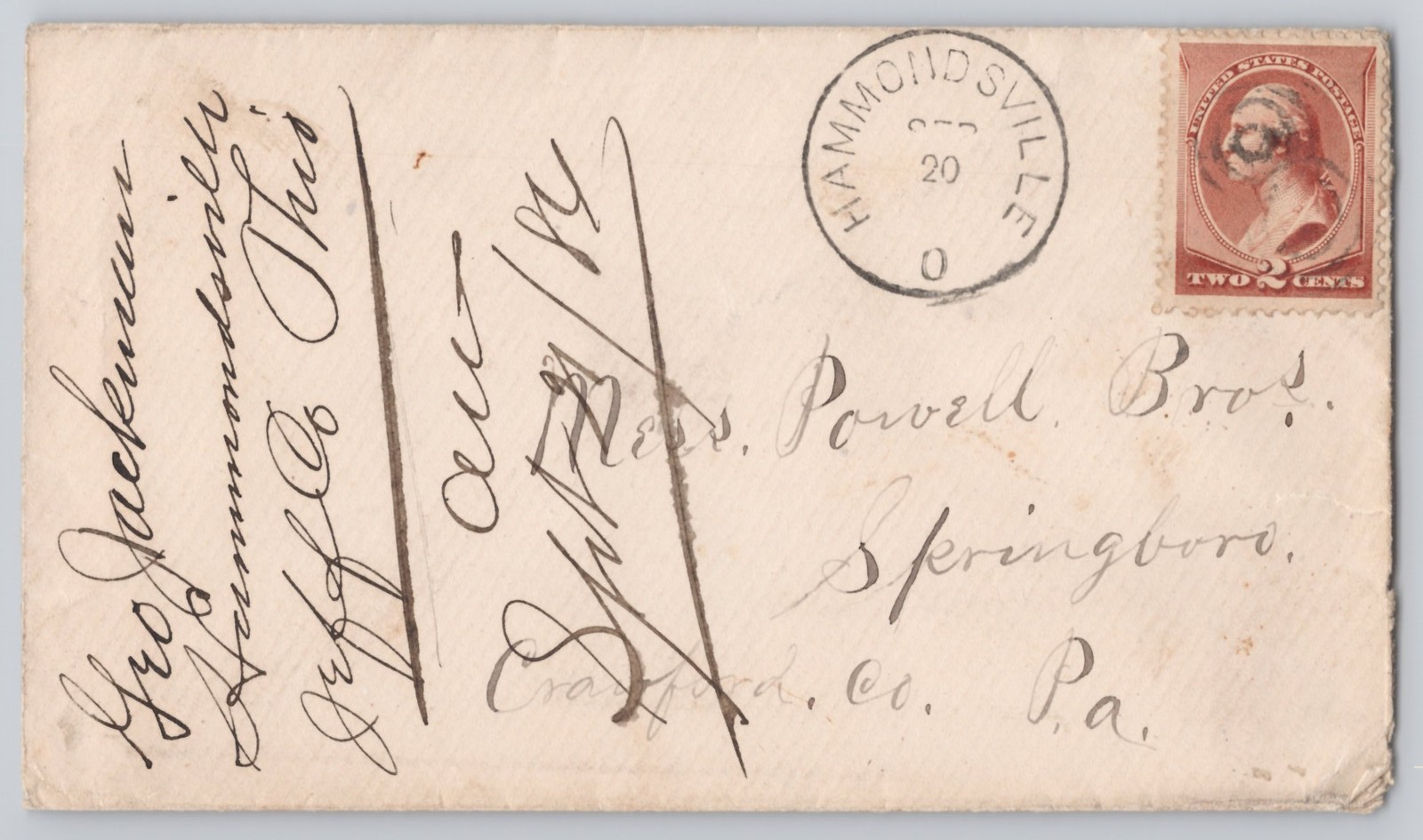 Springboro, Ohio, 2c Washington cover with Sep 21 1886 postmark mailed