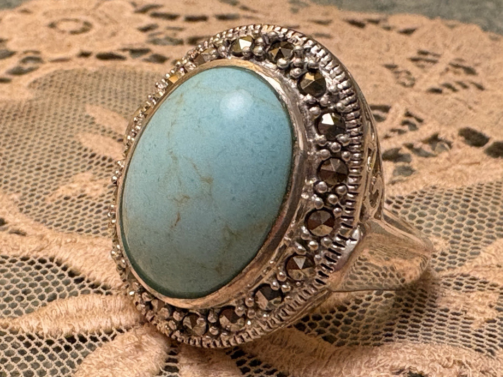 Solid Sterling Silver Natural Turquoise Marcasite… - image 5
