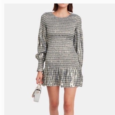 LoveShackFancy Scarlett Silk Metallic Gingham Smocked Mini Dress Blue Gold XS