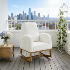 Nursery Rocking Chair, High Back Teddy Upholstered Glider with Rubberwood Legs