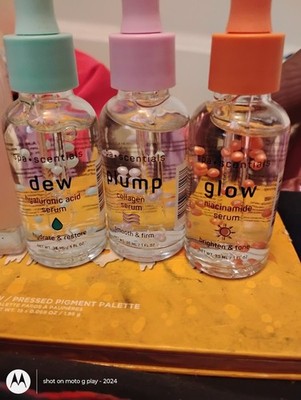 spa essentials glow,plump and dew with revitalizing serums