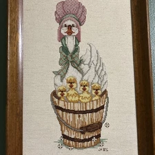 Vtg Suzy’s Zoo Mother Goose Cross Stitch Completed Framed 80s Nursery cottage