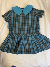 Vtg 1970s Handmade Toddler Dress Blue Brown Plaid Peter Pan Collar Button-Back