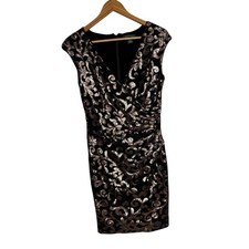 Lauren Ralph Lauren Evening Women Dress 8 Black Brown Sequin Floral Ruched Vneck