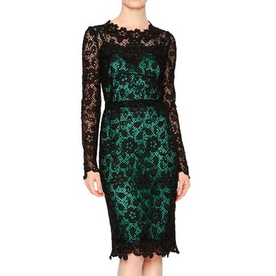 NWT Dolce & Gabbana Black Green Long-Sleeve Lace Dress Contrast Slip IT 44 L