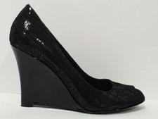 Thakoon Nine West BLACK LACE Patent Leather Wedge Loafer Heel Pump 7.5 M Used