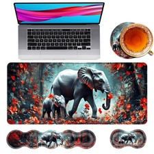 4in1 Large Mouse Pad Keyboard Wrist Rest Support Mat Floral Elephant