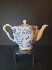 Grace Teaware Blue & White Floral With Gold Trim Teapot  Fine Porcelain