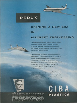 1953 Ciba Redux Aviation Plastics Ad de Havilland Comet & Bristol Britannia