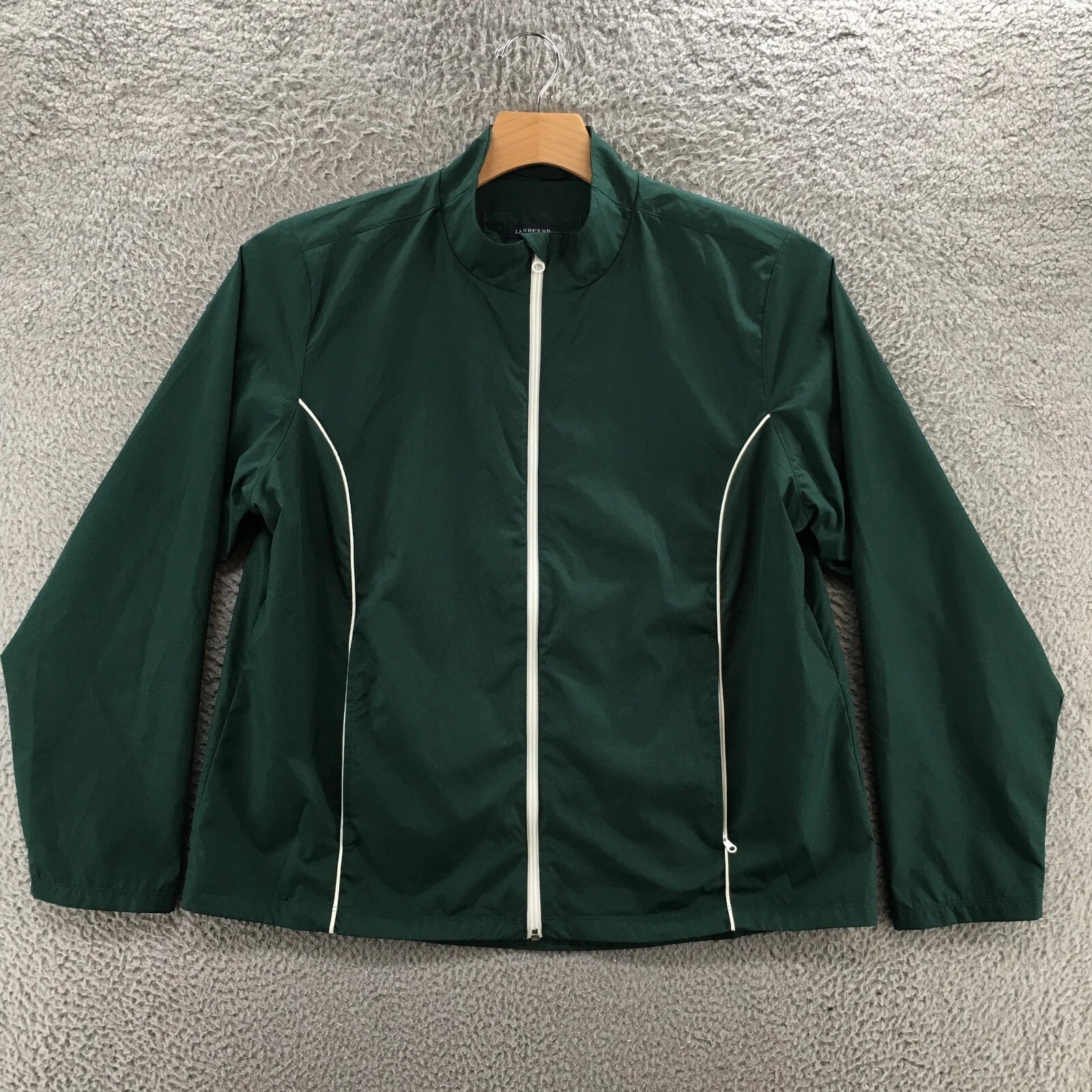 Lands End Windbreaker Zip Up Jacket Mens XL Green Mock Neck Pockets Long Sleeve