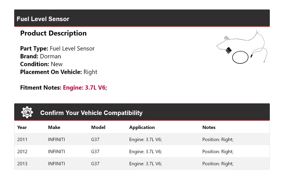 For 2011-2013 INFINITI G37 3.7L V6 Dorman Fuel Level Sensor Right 2012 - Image 2 of 4