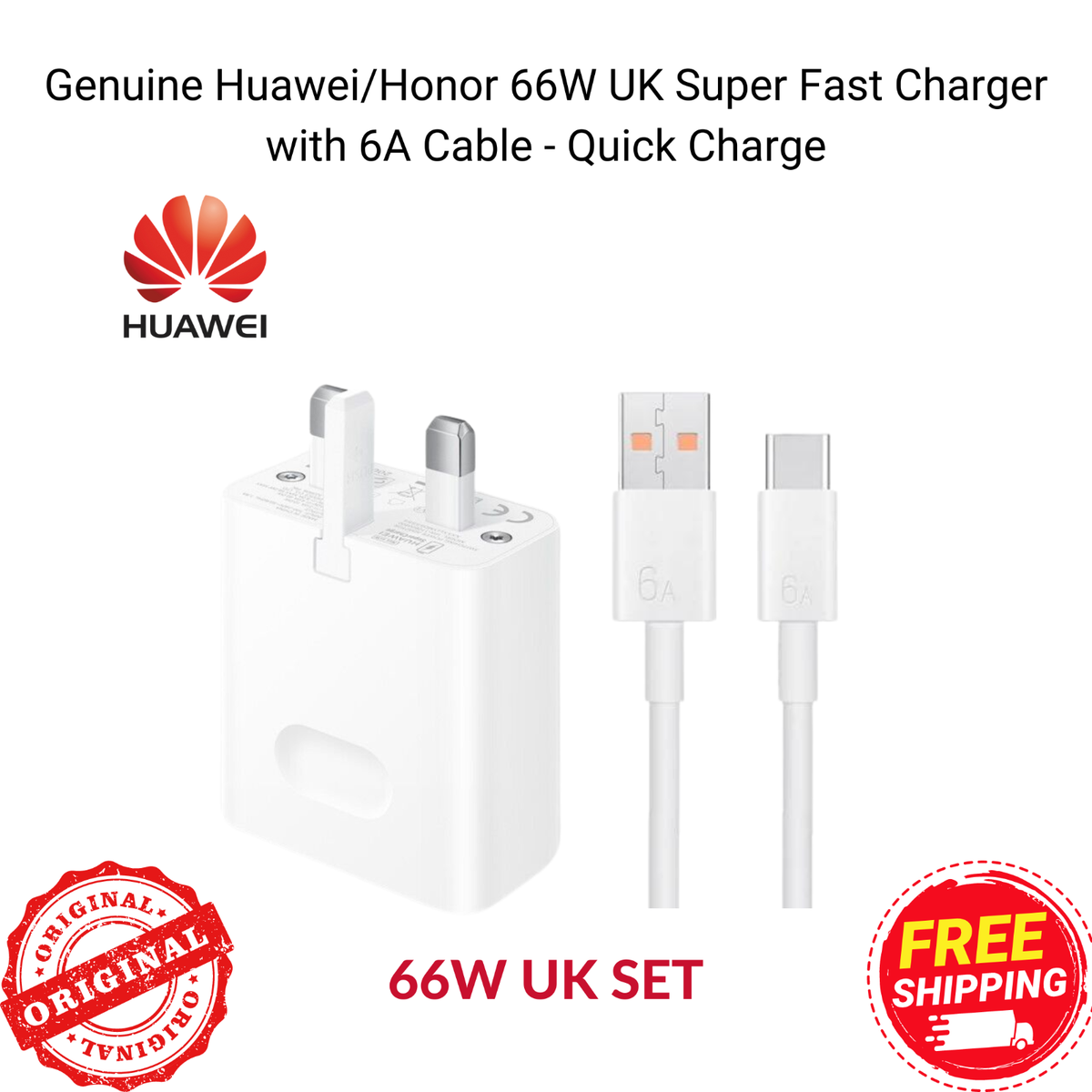 Genuine Huawei/Honor 66W Super Fast Charger with 6A Cable Quick
