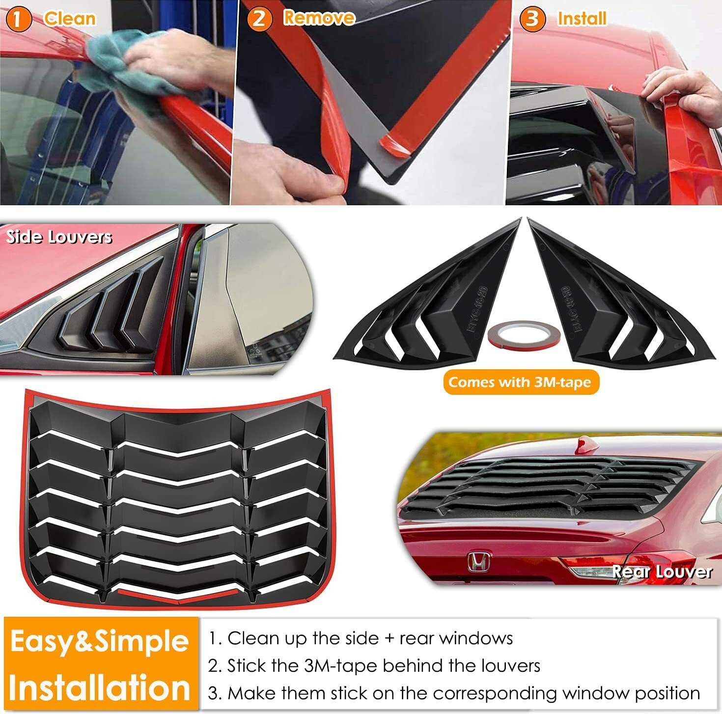 Rear+Side Window Louvers for Honda Accord 2018 2019 2020 2021 in GT