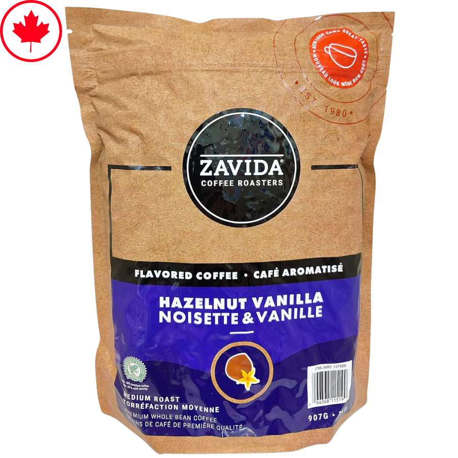 Zavida Premium Hazelnut Vanilla Whole Bean Coffee 907g/2LB - Made in Canada