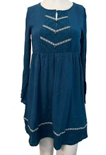 Medium Peasant Smock Dress Teal Blue Long Sleeve Lace Embroidered NWT