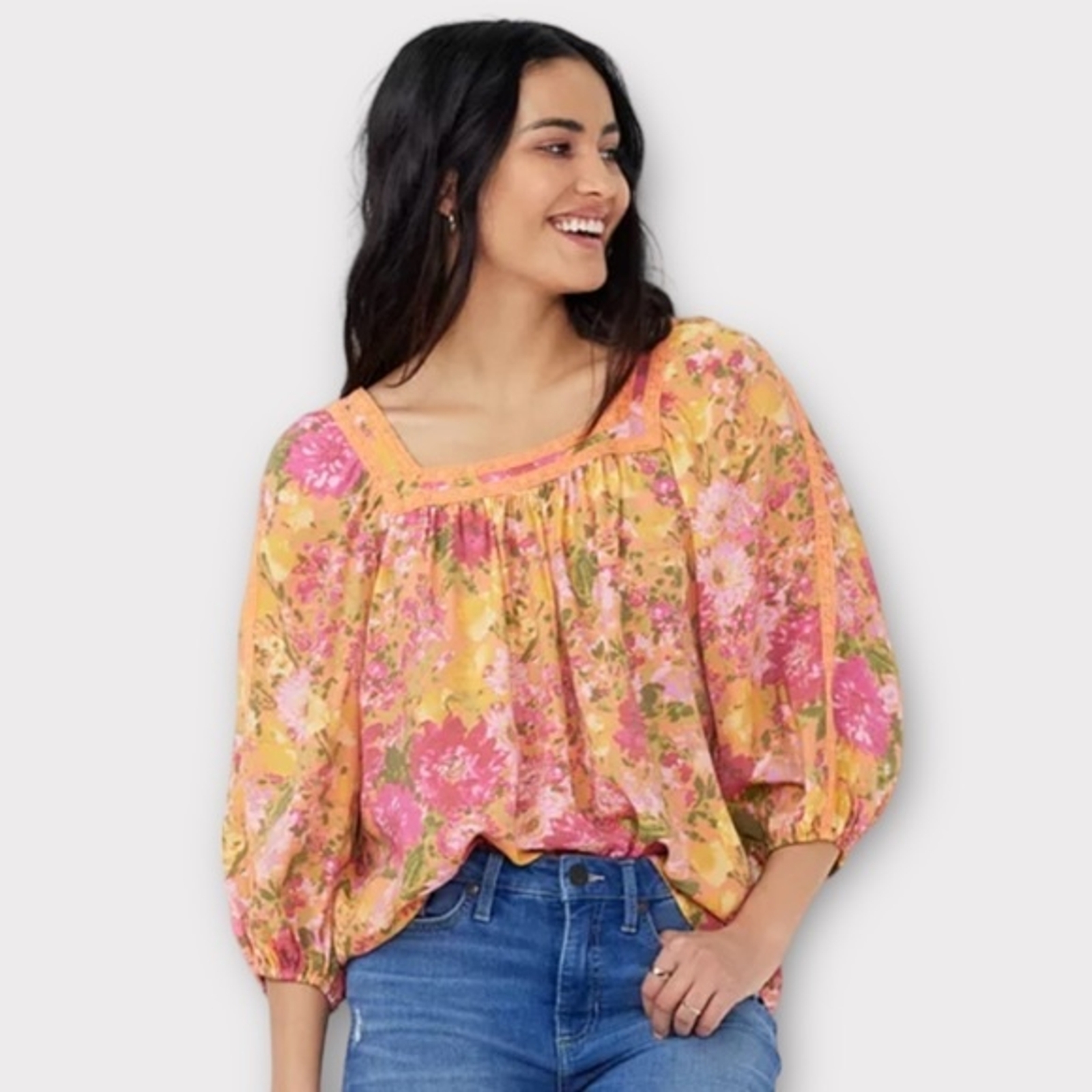 LC Lauren Conrad Squareneck Floral Peasant Top Blouse… - Gem