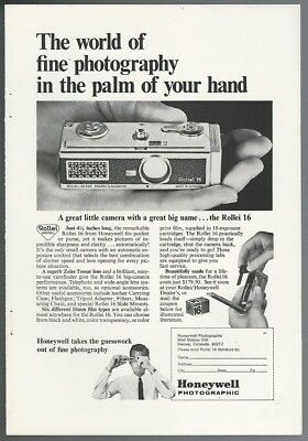 1966 ROLLEI 16 camera advertisement, Honeywell, miniature camera print ad