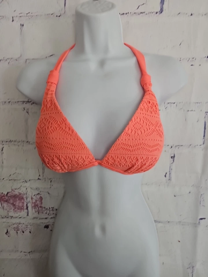 Red Camel Peach Orange Crochet Lace Push-up Bikini Top Halter Tie Size Large - Image 2 of 4