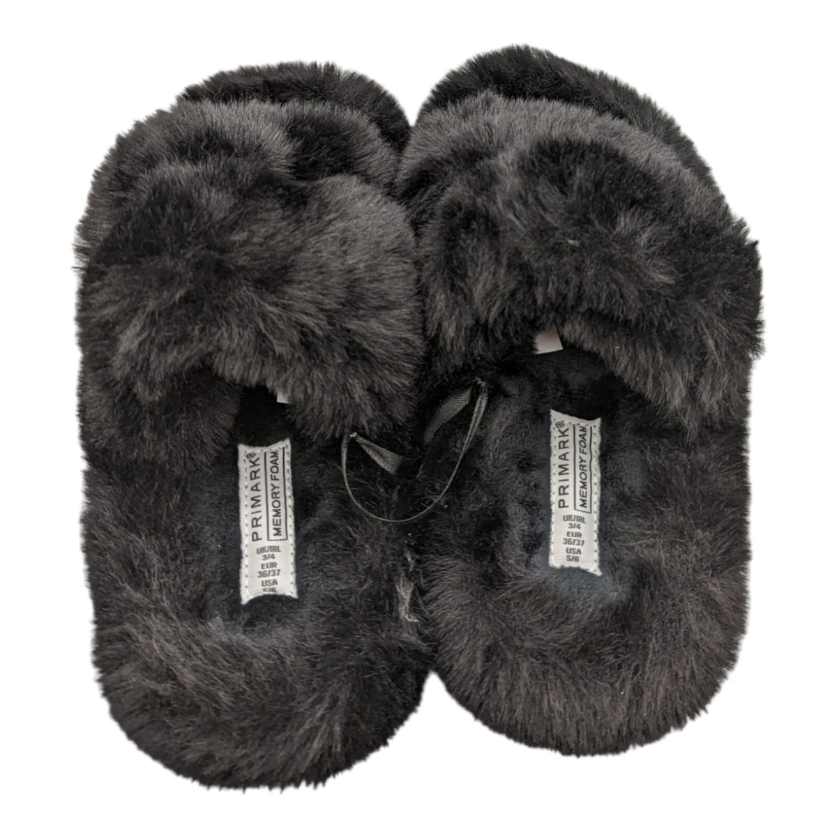 Primark Memory Foam Faux Fur Slippers Black Slip On Uk Size 3 4