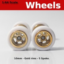 10mm/10mm Gold rims 5 spoke White rubber tire set. for Hot Wheels