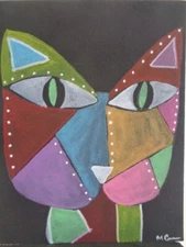 Original COLORFUL PRIM PRIMITIVE FOLK ART COLORFUL  CAT  Painting  ART