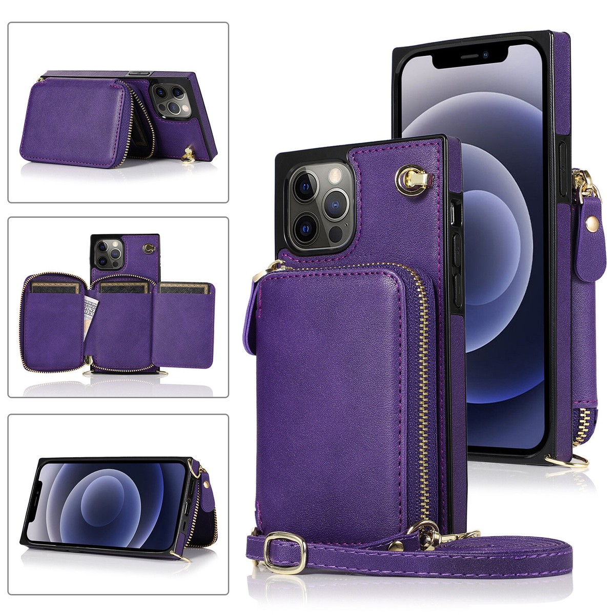 For iPhone 13 14 12 11 Pro Max XR Plus Heavy Duty Crossbody Zipper Wallet  Case
