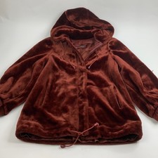 Vtg Jorache Faux Fur Sz 10 Velour Burgandy Hooded Coat Jacket Zip Pockets Lined