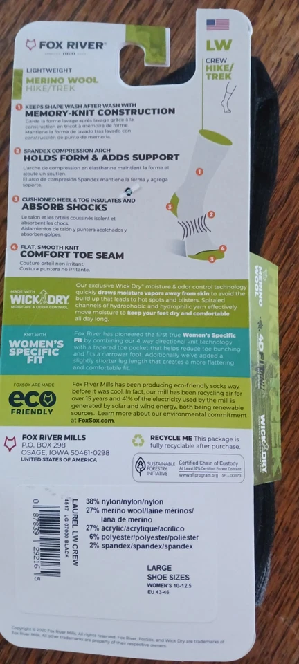 Fox River Calcetines Grandes LG L Laurel Crew Negro Lana Merino Rayas Rayas Foto 3 de 4