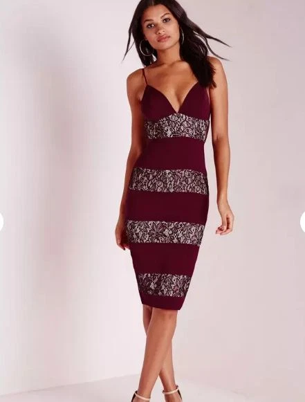 Missguided lace panel midi dress burgundy size 4 us