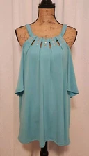 Naif Women's 3X Turquoise Short Cold Shoulder Sleeve Studded Tunic Top