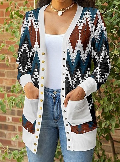 Lily Geometric Snap-Button V-Neck Cardigan - Navy & Rust - Size