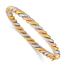 14K Tri-Color Gold Twisted 6.3mm Hinged Bangle Bracelet Perfect Gift for Her