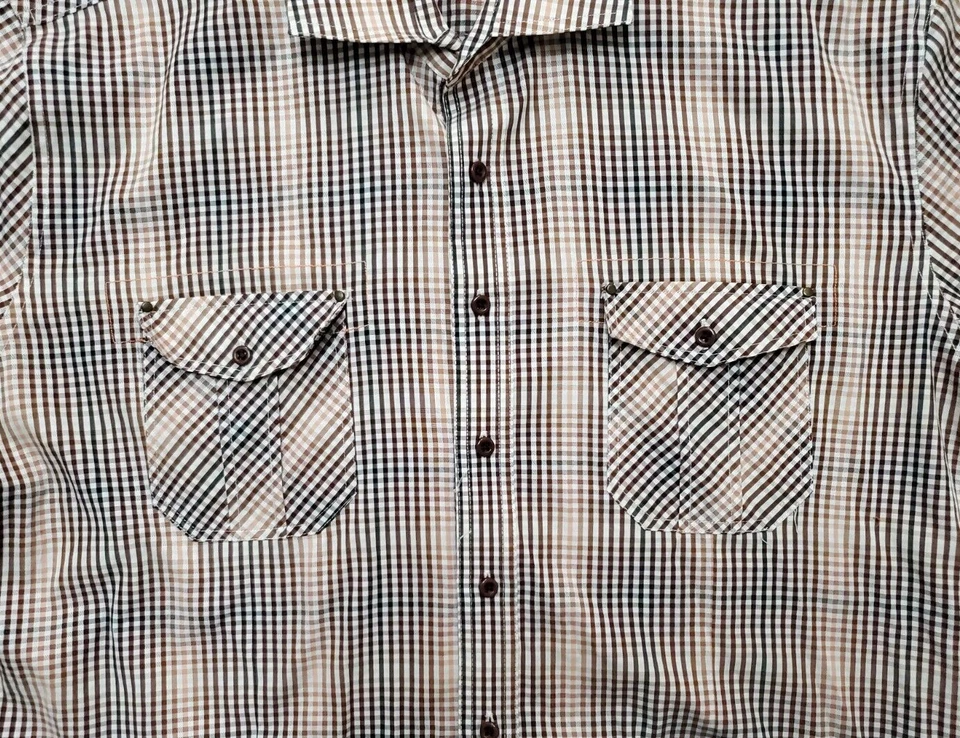 Camisa con botones Stacy Adams para hombre XL marrón dorado estampado a cuadros manga larga Foto 3 de 4
