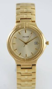 Pulsar Watch Mens Champagne Stainless Gold Water Resistant Battery Date Quartz Ebay
