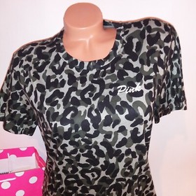 Victoria Secret PINK T Shirt XS Black Green Leopard Short Sleeve Campus Tee  New
