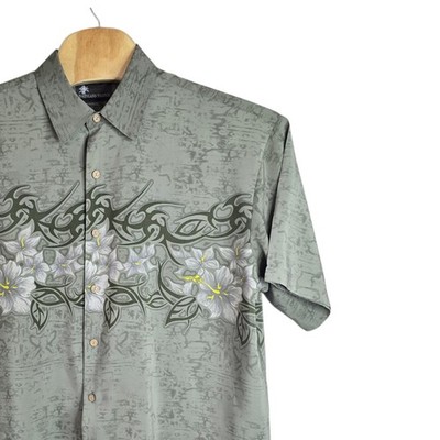 Island Tropics Mens XL Sage Green Hibiscus Tribal Floral Button Down Shirt Korea
