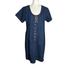 Vintage 90s Starwear Denim Lace Up Short Sleeve Dress Large Zipper Stretch
