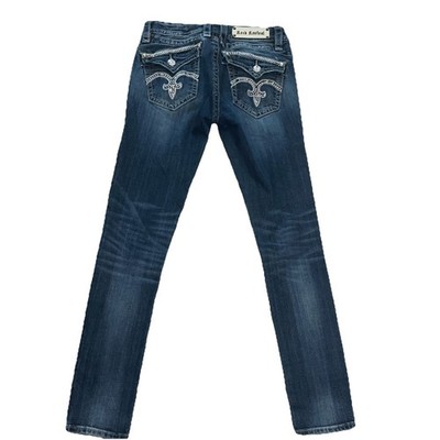 Rock Revival Women's 29 Blue Sasha Skinny Jeans Pocket Flap Embroidered Y2K