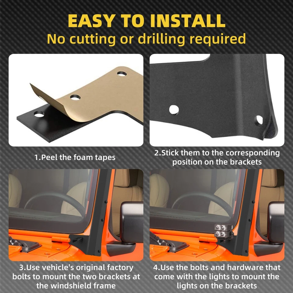 For 2007-2017 Jeep Wrangler JK 52" LED Light Bar Windshield Brackets A-pillar Foto 4 de 4