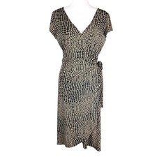 DressBarn 14 Brown Black Midi Vneck Wrap Short Sleeve Animal Print Dress