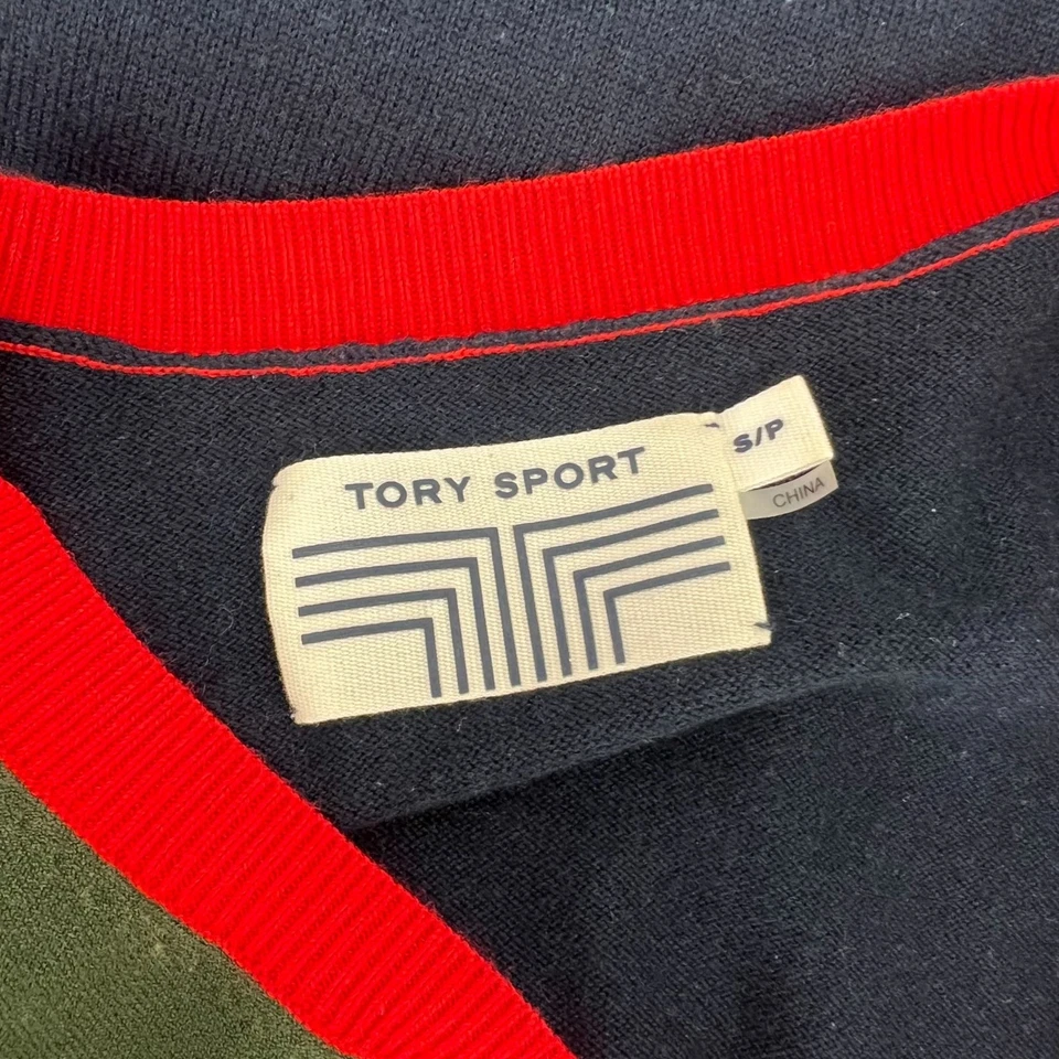 Suéter TORY SPORT pequeno colorblock gola V cashmere mistura COOLMAX Preppy - Imagem 3 de 4