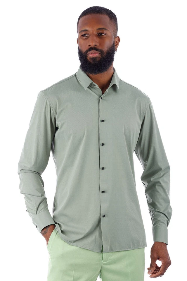 Barabas Men's Strechy Solid Color Button Down Long Sleeve Shirts 4B76 - Image 4 of 4