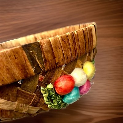 Vintage Round Serving Basket Fruit Holder Woven Raffia Straw