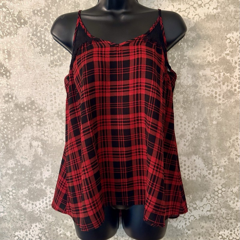 BOBEAU Brand Red & Black BUFFALO PLAID Sleeveless Cami MED Blouse w/Lace Accent