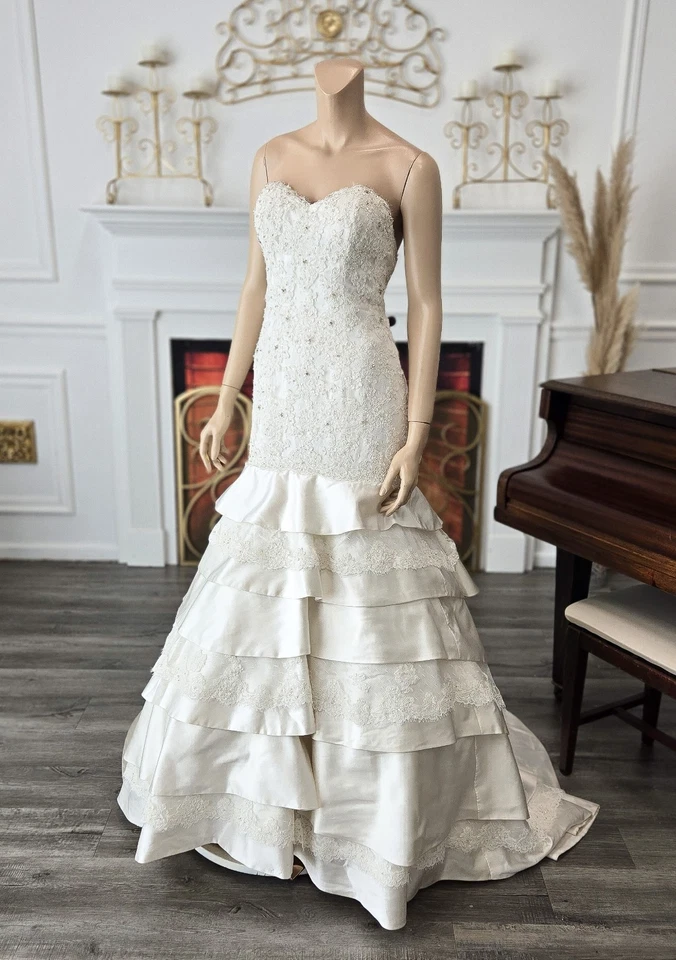 Christina Wu Ivory 15543 Tiered Alencon Lace Satin Sweetheart Wedding Dress 10 - Image 3 of 4