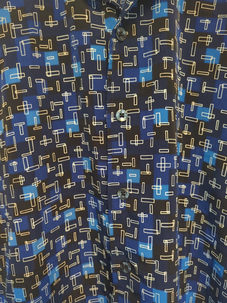 小物 OVOD ODO Blue Black Polyester Geometric Button Up All Over Print Shirt