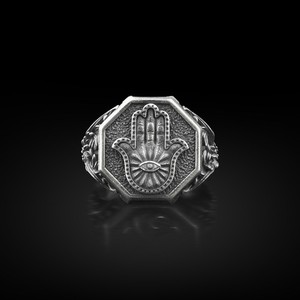 Authentic 925 Sterling Silver Hamsa Hand Fatima Protection Mens Signet Ring